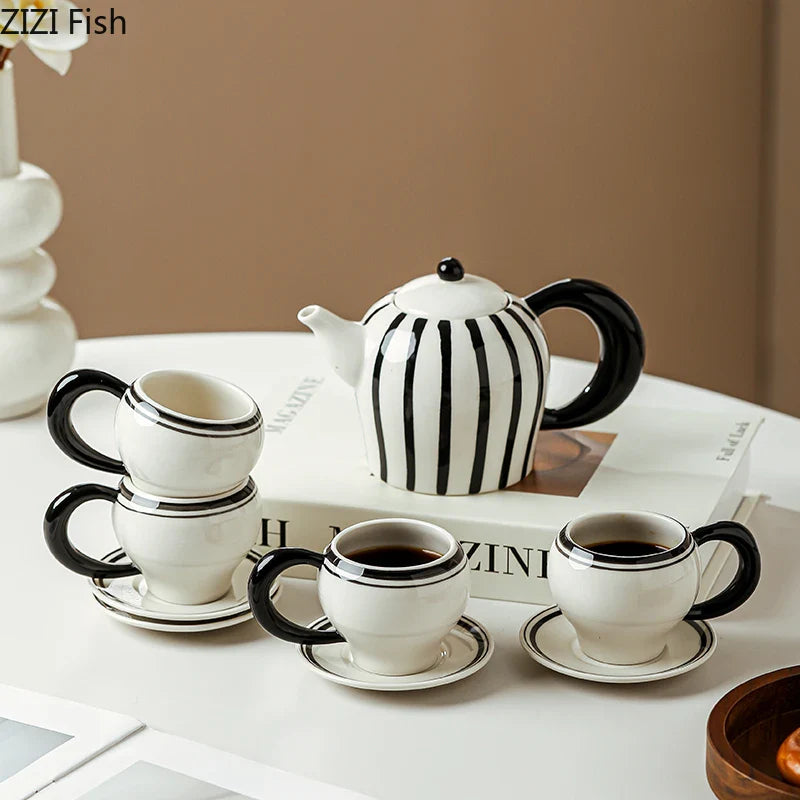 Afralia™ Striped Porcelain Tea Set: Mug, Teapot, Cup & Saucer for Dining Table & Afternoon Tea