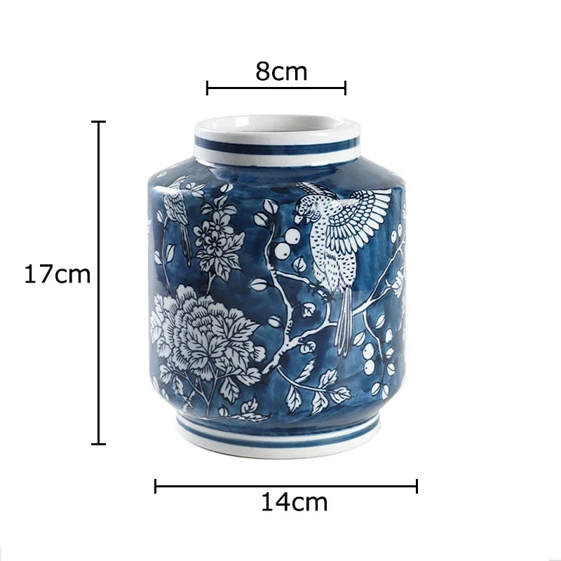 Afralia™ Blue Porcelain Vase: Flowers and Birds Pattern Table Decor Floral Vases Room Aesthetic
