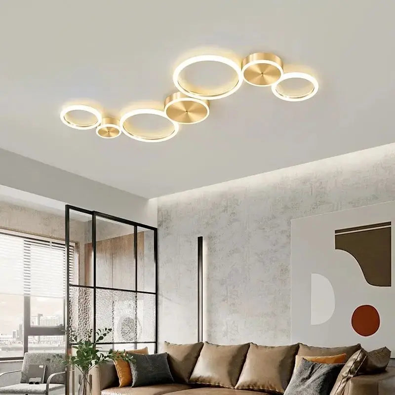 Afralia™ Modern LED Circle Rings Golden Ceiling Chandelier