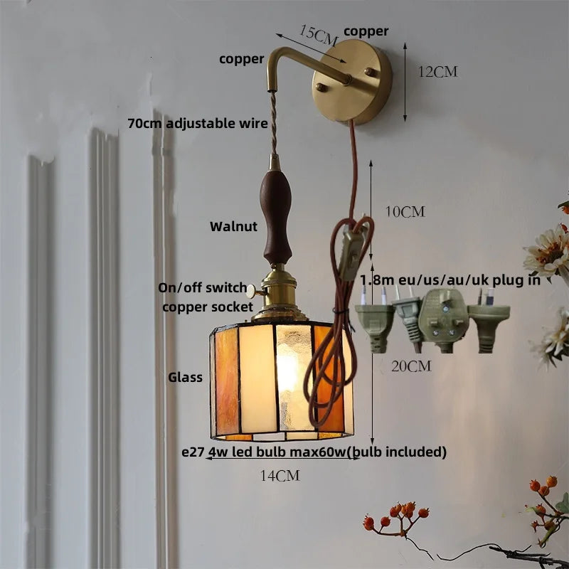 Afralia™ Vintage LED Wall Lights Walnut Wood Pull Chain Switch Mirror Light