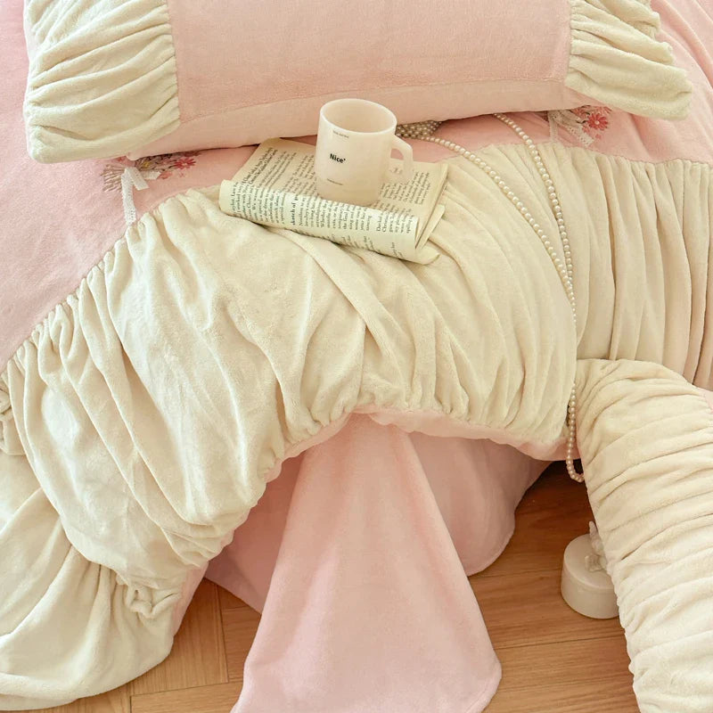 Afralia™ Fleece Embroidered Floral Velvet Bedding Set with Plush Patchwork in Pink