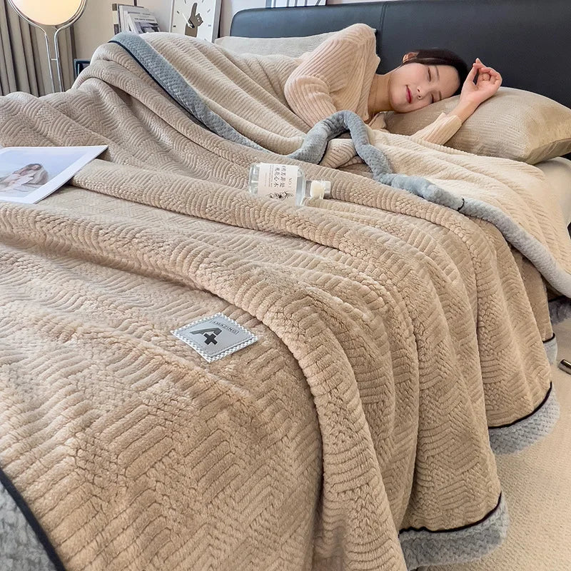Afralia™ Cozy Jacquard Plush Blanket - Soft Coral Fleece - All-Season - European Solid Stripes