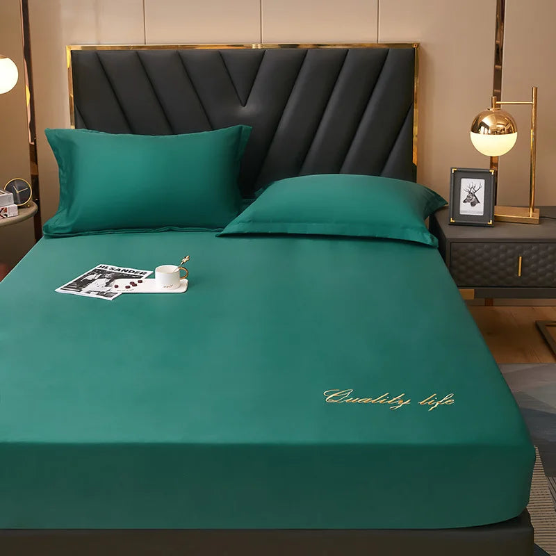 Afralia™ Silky Embroidered Fitted Sheet Set Queen Size Solid Color Luxury King Bedsheet