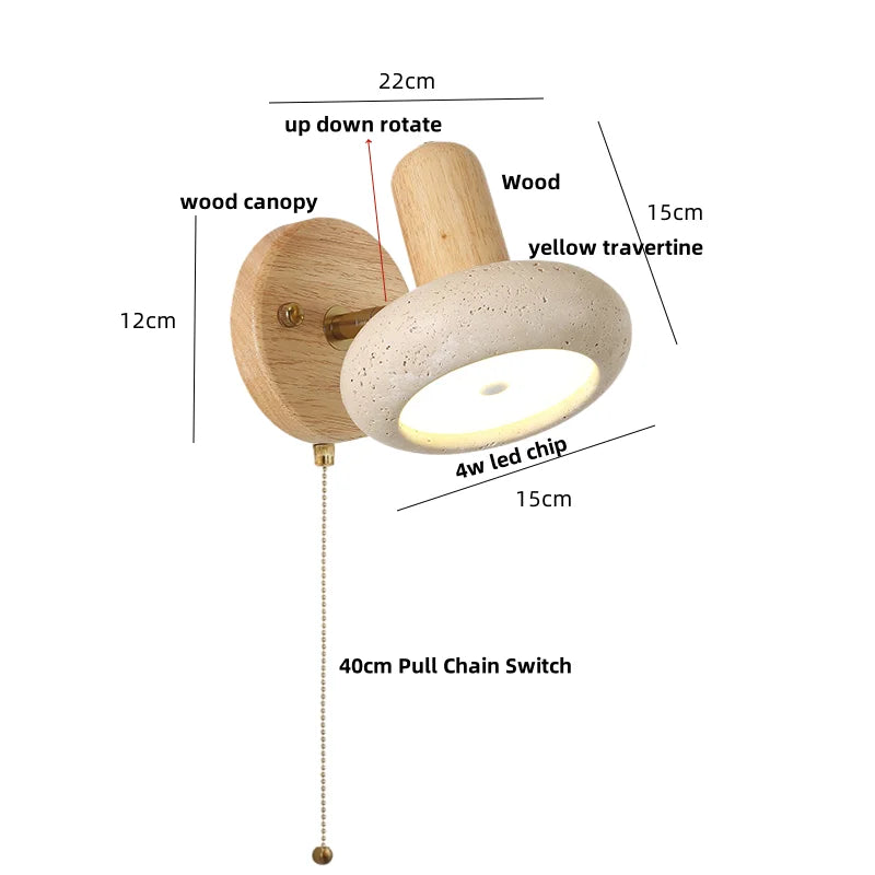 Afralia™ Yellow Travertine Wood Wall Light: Up Down Rotate LED Fixture with Pull Chain Switch.