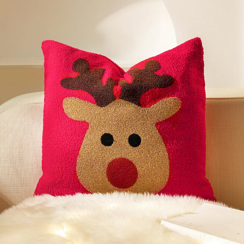 Christmas Reindeer Red Pillowcase Embroidery Cushion Cover by Afralia™ - Soft 30x50cm