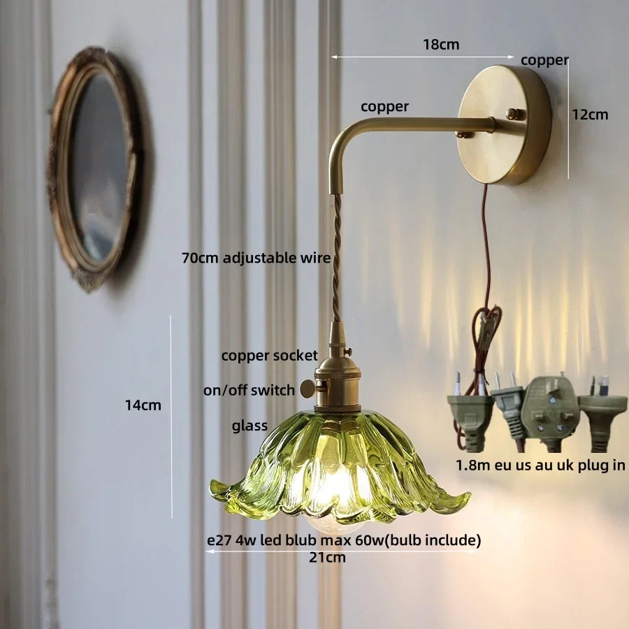 Afralia™ Glass & Copper Green Flower LED Wall Sconce with Pull Chain