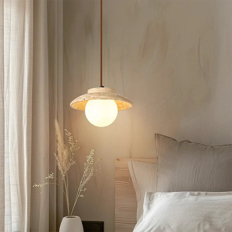 Afralia™ Wabi Sabi Yellow Travertine Stone LED Pendant Light for Livin