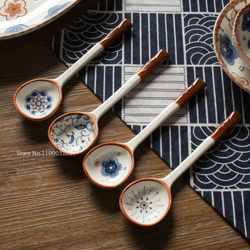 Afralia™ Japanese Vine Ceramic Spoon Set - Ins Wind Hand-painted Long Handle Dessert Spoons