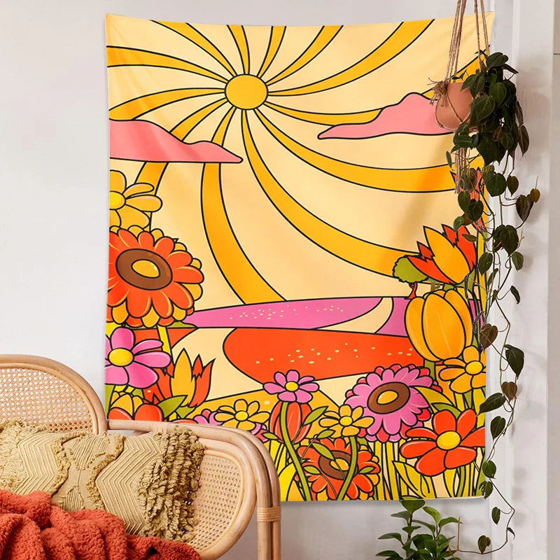Afralia™ Retro Floral Rainbow Sun Wall Hanging: Abstract Landscape Vintage Art