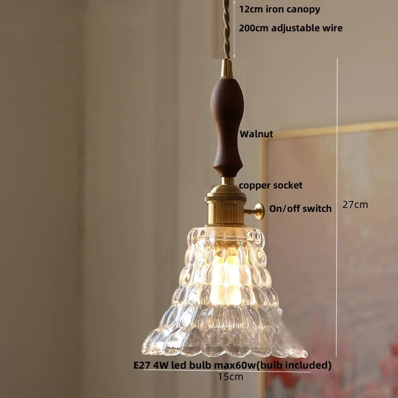 Afralia™ Copper Socket LED Pendant Light with Phenix Glass Shade, Adjustable Hanging Lamp