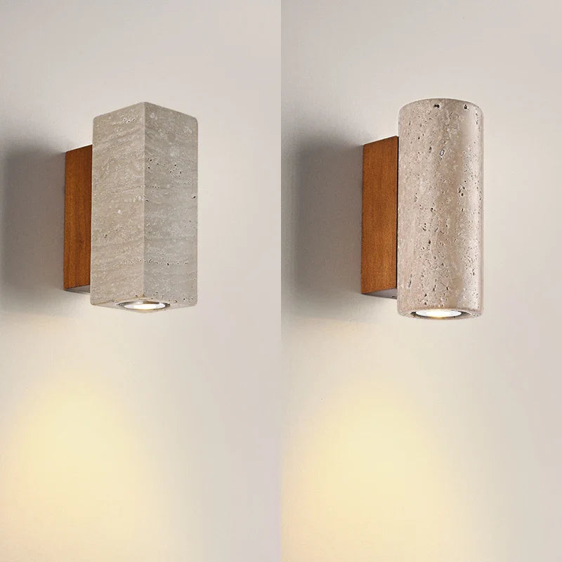 Afralia™ LED Wall Sconce Yellow Travertine Stone Bedroom Study Cafe Wood Base Stair Light