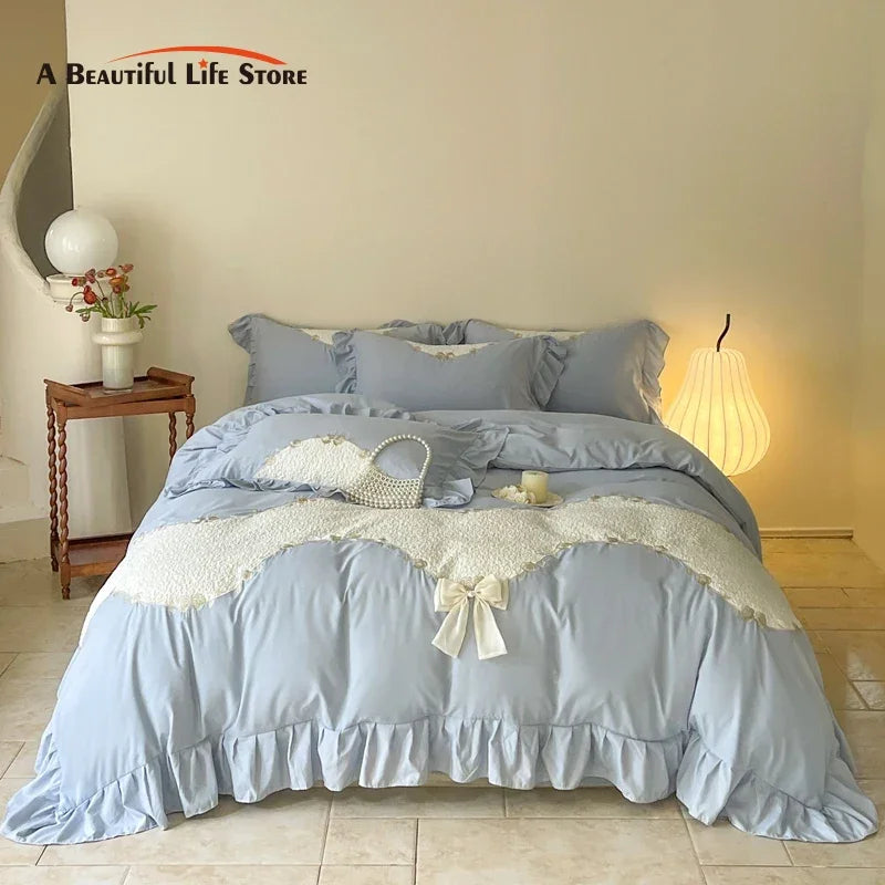 Afralia™ Lace Embroidery Princess Bedding Set - Duvet Cover, Sheet, Pillowcases - Blue Pink Purple