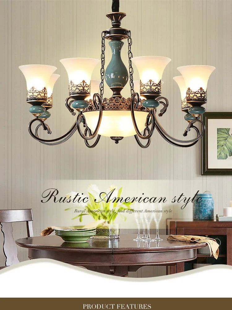 Afralia™ Retro Ceramic Chandelier with Glass Lampshade for Living Room, Bedroom, Dining Room