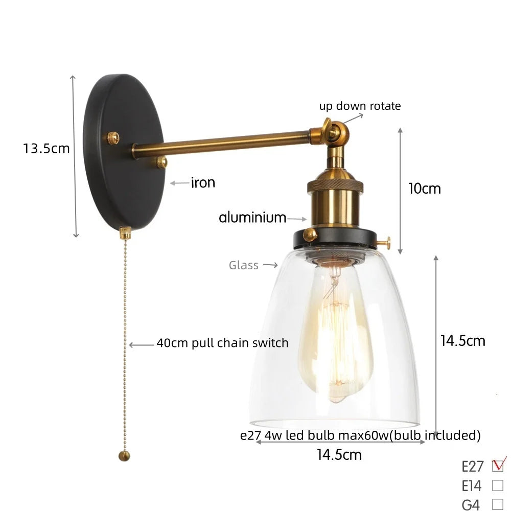 Afralia™ Vintage Single Arm LED Wall Lamp Iron Glass Retro Stair Light