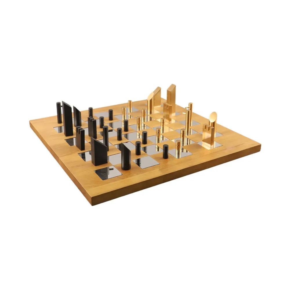 "Afralia™ Geometric Block Chess Set - Wooden Metal Chessboard Home Decor"