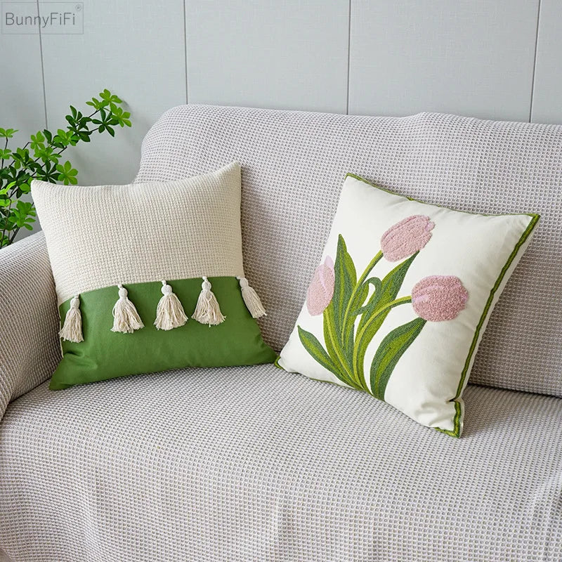 Afralia™ Green Tulip Embroidery Pillowcase 45X45CM - Sofa Bed Office Car Chair Cover