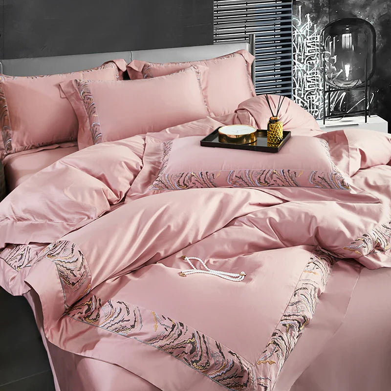 Afralia™ Zebra Print Embroidery Bedding Set 800TC Egyptian Cotton Grey Orange, Duvet Cover Flat Sheet Pillowcases