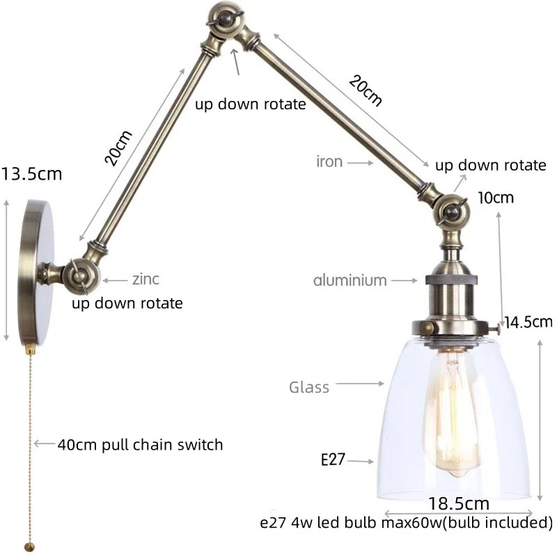 Afralia™ Loft LED Industrial Swing Arm Lamp with Clear Glass Mirror Light