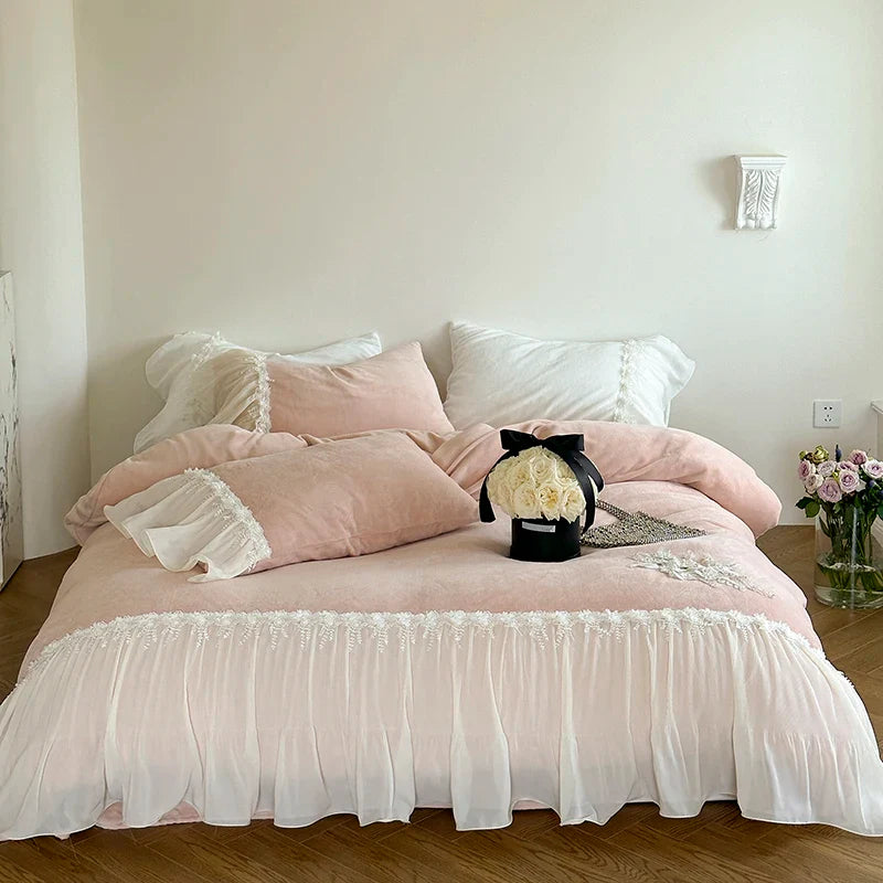 Afralia™ Romantic Lace Ruffles Bedding Set with Flowers Embroidery