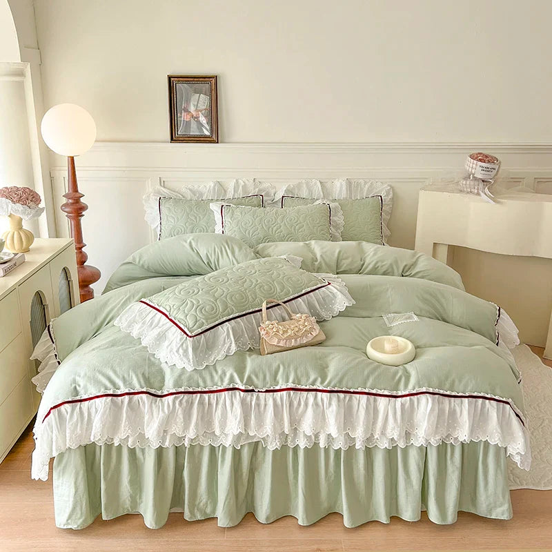 Afralia™ Lace Ruffles Bedding Set: 4pcs Solid Color Princess Quilt Cover, Bed Skirt, 100% Cotton Pillowcase