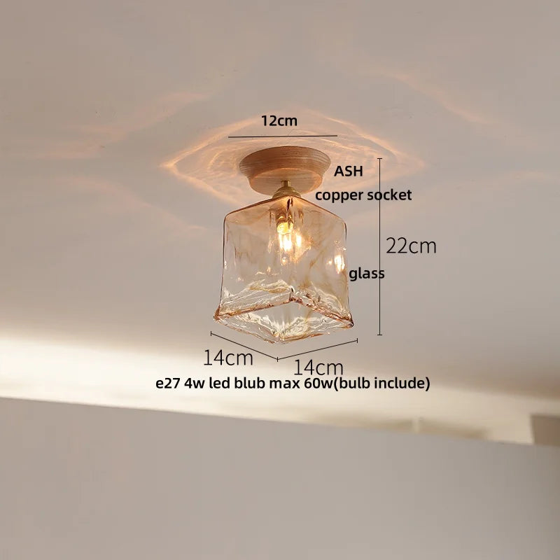 Afralia™ Tiffany Glass Copper Ceiling Lights Wood Ash LED Lamp Japan Style