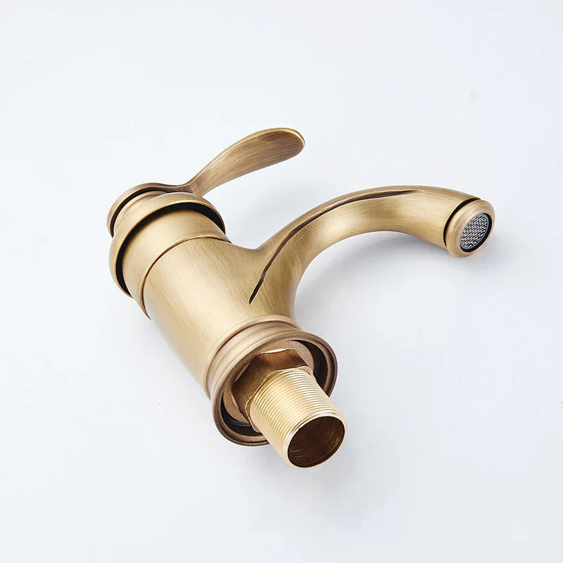 Afralia™ Antique Brass Basin Faucet Single Handle Deck Mounted Bathroom Sink Hot Cold Mixer