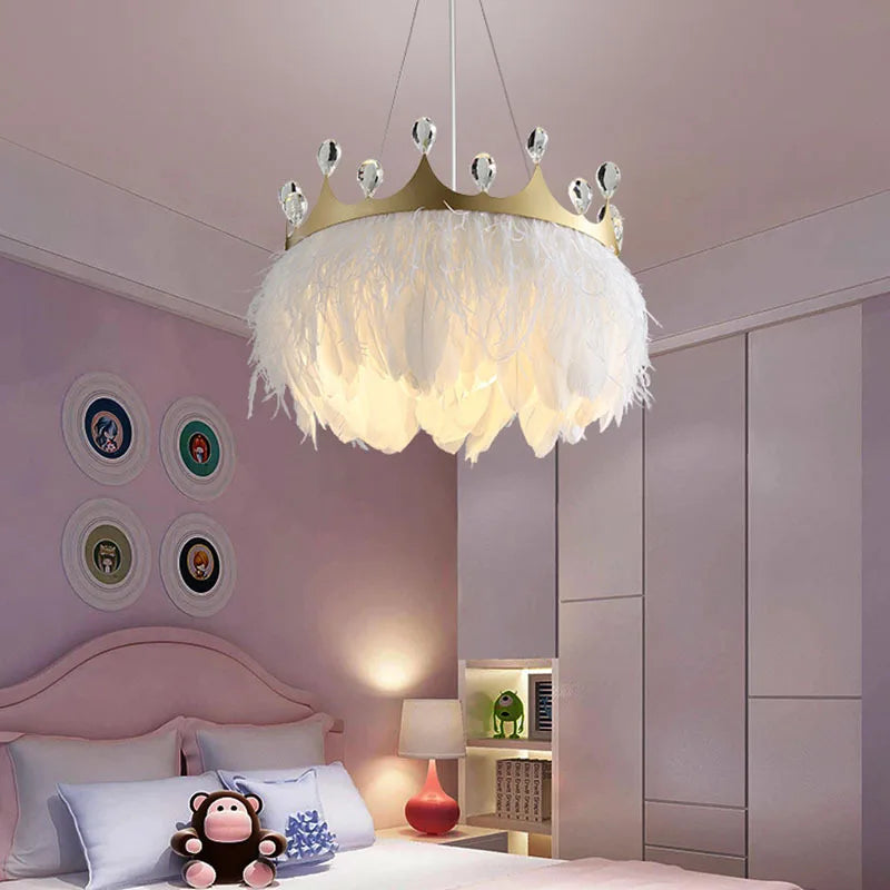 Afralia™ White Feather Pendant Light with Gold Crown & Crystal Decor for Bedroom, E27 Socket