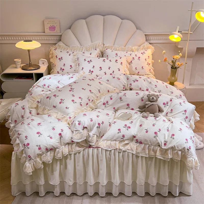 Afralia™ Princess Lace Ruffles Floral Bedding Set with Duvet Cover and Bed Skirt