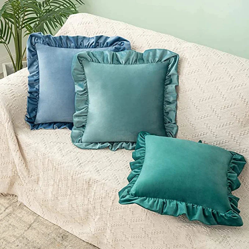 Afralia™ Velvet Ruffle Teal Throw Pillow Covers - Set of 2