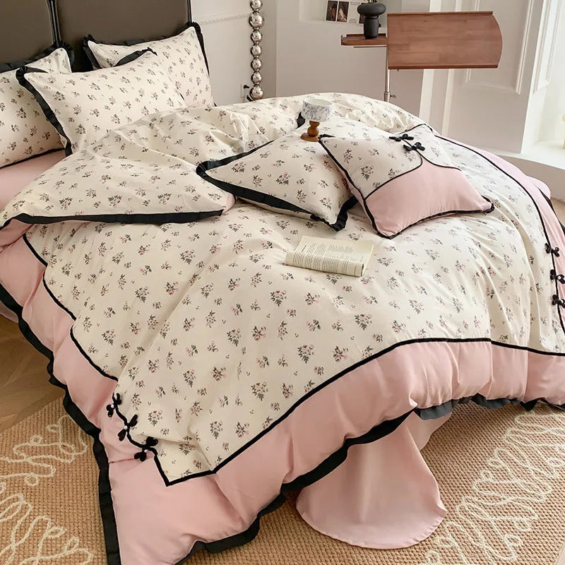 Afralia™ Floral Retro Pleated Cotton Bedding Set for Cozy Comfort and Style