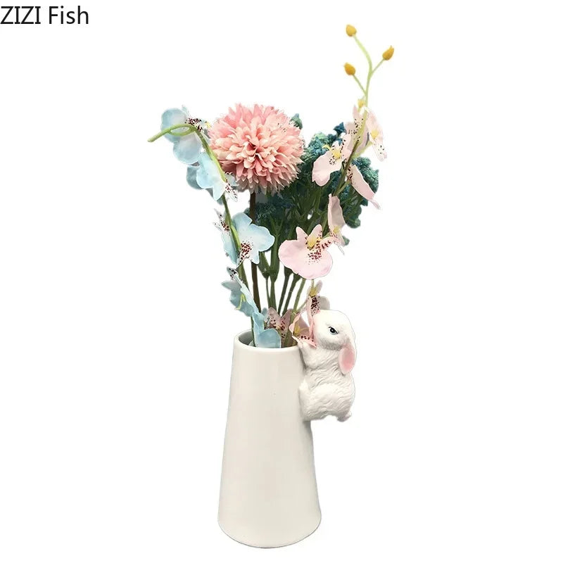 Afralia™ Lovely Rabbit Ceramic Vase Pot for Floral Arrangement, Table Decor & Aesthetic Room Appeal