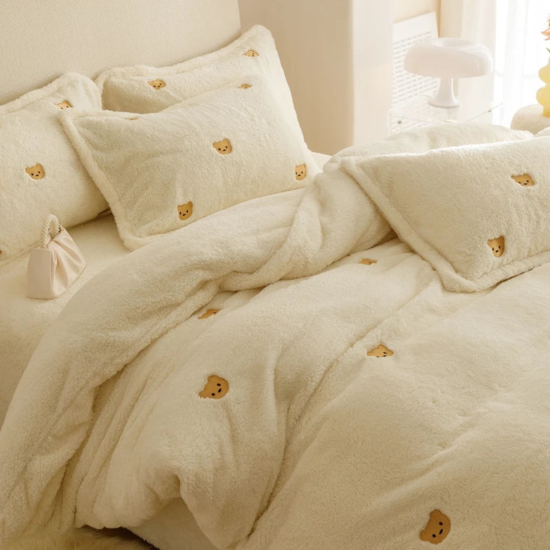 Afralia™ Berber Fleece Star Bear Embroidery Bedding Set - Cream White, Winter Home Textiles