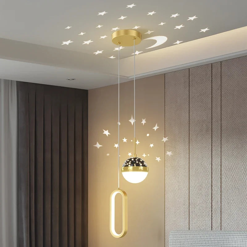 Afralia™ Star Moon Projection LED Chandelier for Bedroom Decor