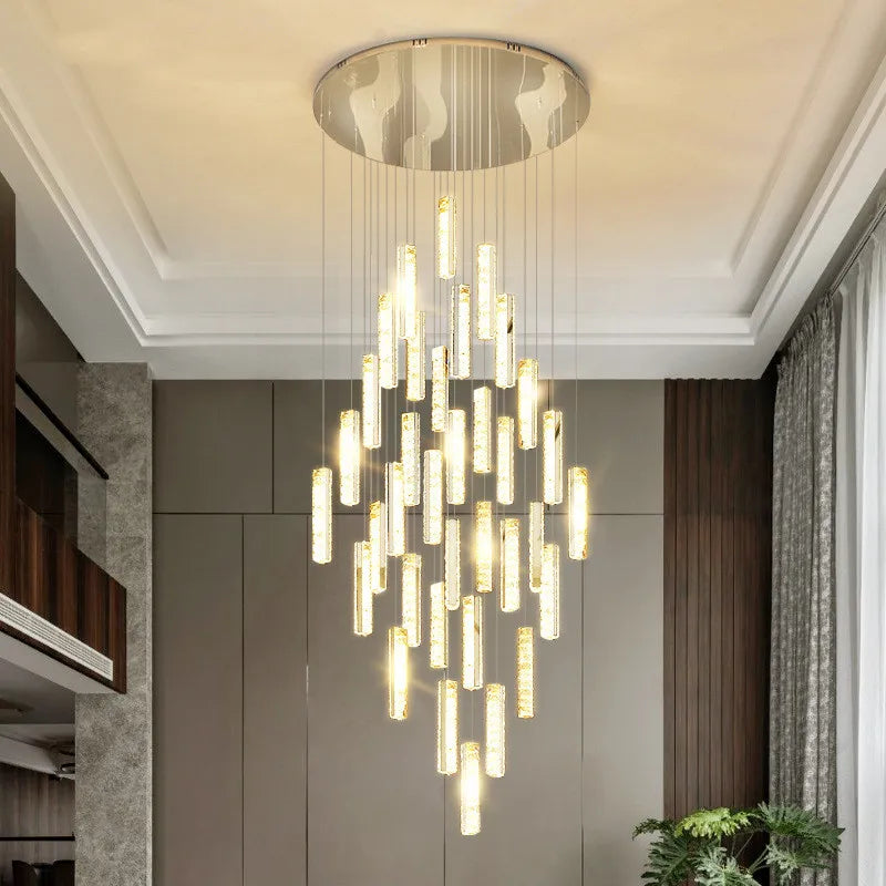 Afralia™ Gold Chrome Steel Crystal Pendant Lights with Dimmable LED for Villa Stair