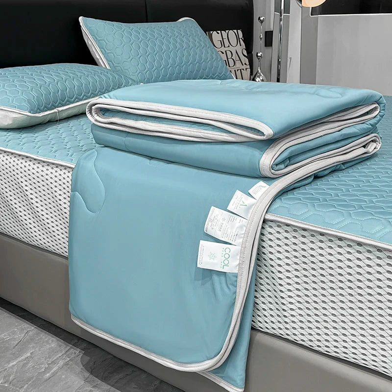 Afralia™ Silk Summer Blanket Set: Latex Fitted Sheet, Pillowcase, Queen Lightweight Comforter