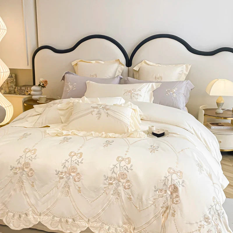 Afralia™ Rose Flower Embroidered 1000TC Egyptian Cotton Bedding Set