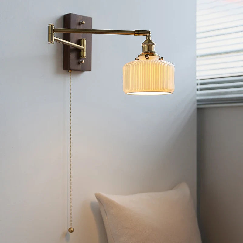 Afralia™ Copper Arm LED Wall Sconce Switch Light, Adjustable Lampshade, Pull Chain, Beside Lamp