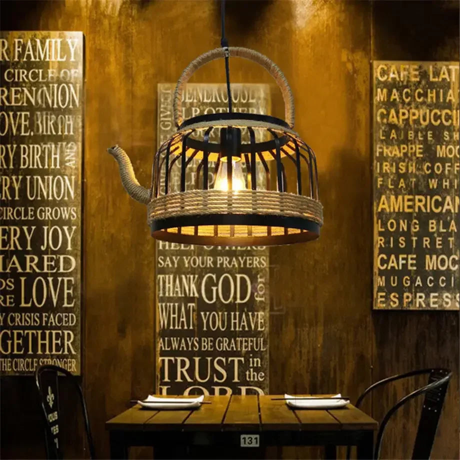 Afralia™ Teapot Rope Rattan Pendant Light Industrial Rustic Decor Suspension Luminaire