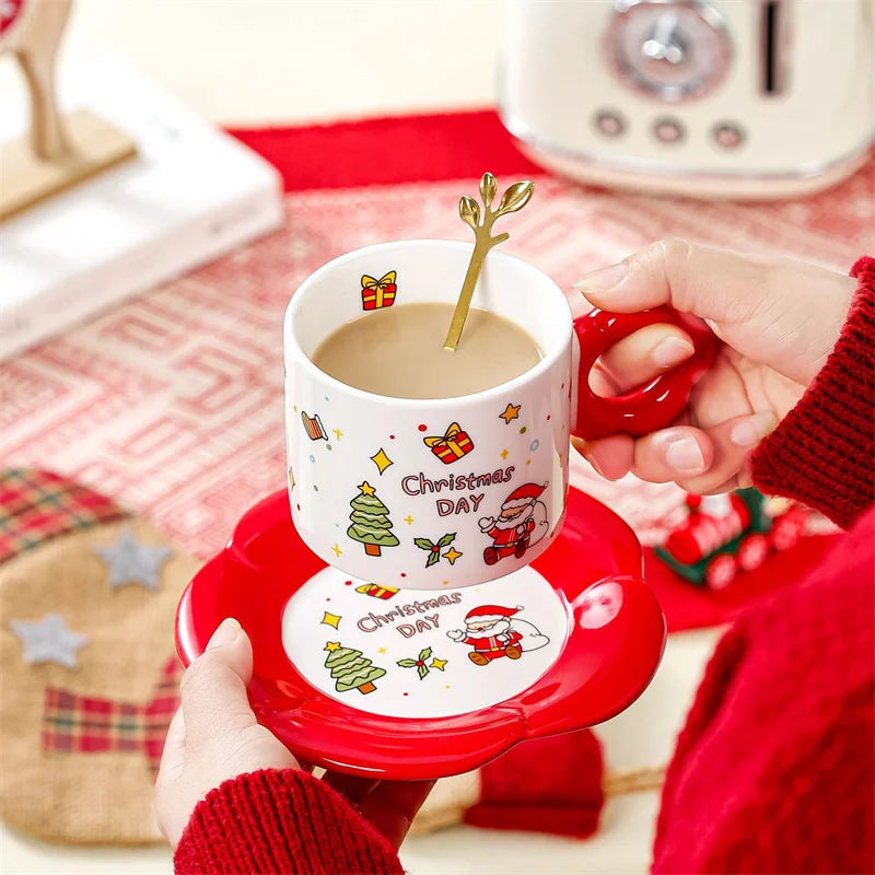 Afralia™ Christmas Ceramic Santa Tea Set with Spoon, Festive Coffee Cup & Saucer