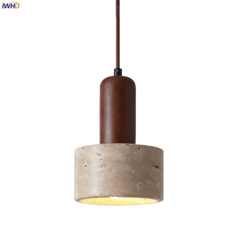 Afralia™ Wood Stone LED Pendant Light Yellow Travertine Modern Luminaria