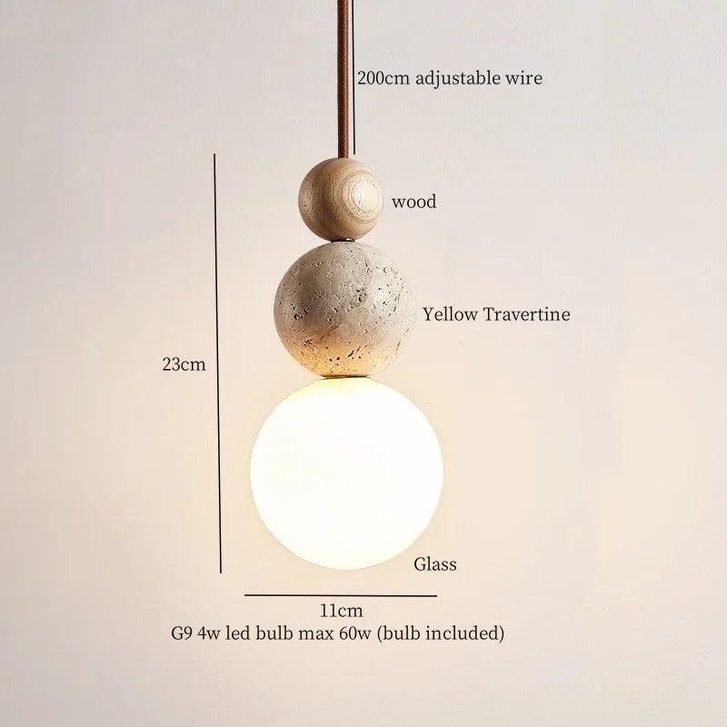 Afralia™ Vintage Wabi Sabi LED Pendant Lights Wood Yellow Travertine Hanging Lamp