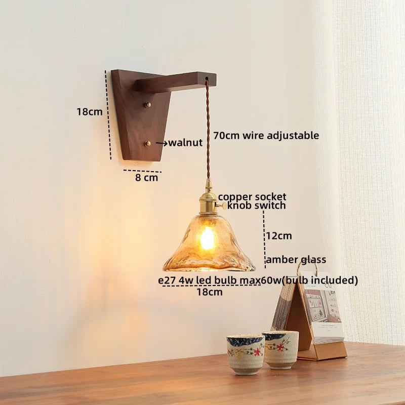 Afralia™ Walnut Glass LED Wall Light Fixture | Modern Bedroom Bathroom Living Room Lamp