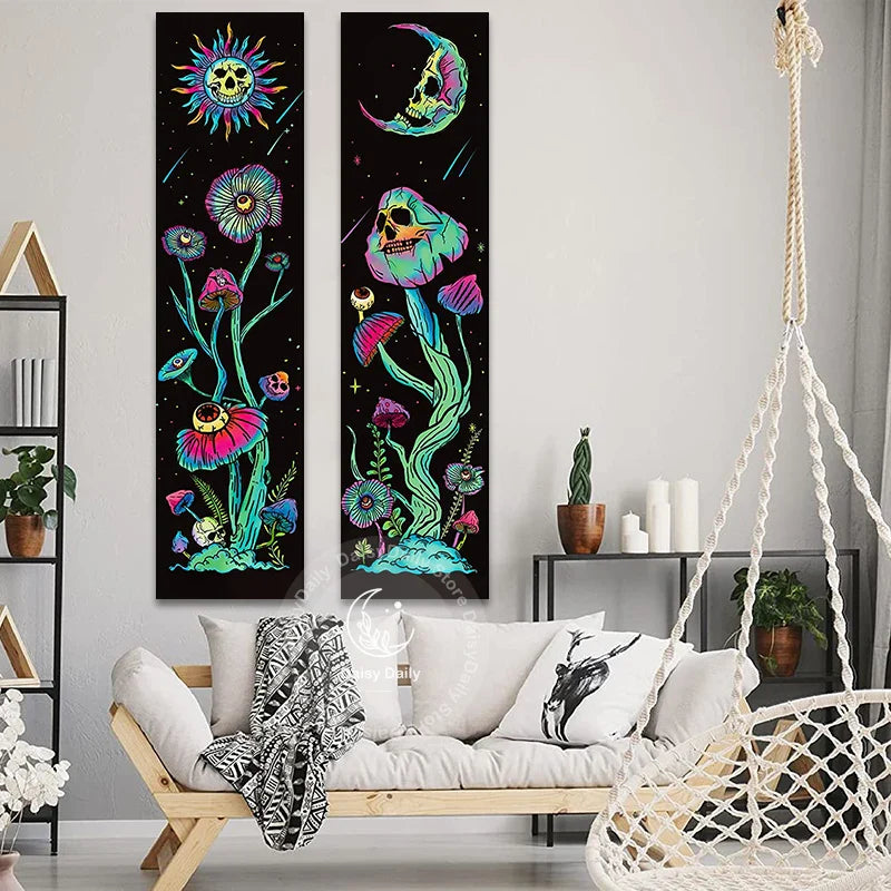 Afralia™ Sun Moon Vertical Skull Floral Galaxy Tapestry Space Wall Hanging