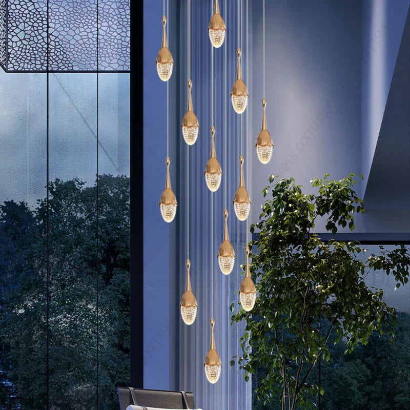 Afralia™ Gold LED Staircase Chandelier: Elegant Luxury Large Pendant Lamp for Living Room