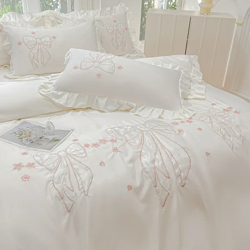 Afralia™ Ice Silk Embroidered Ruffles Duvet Set with Cool & Skin-Friendly Feel