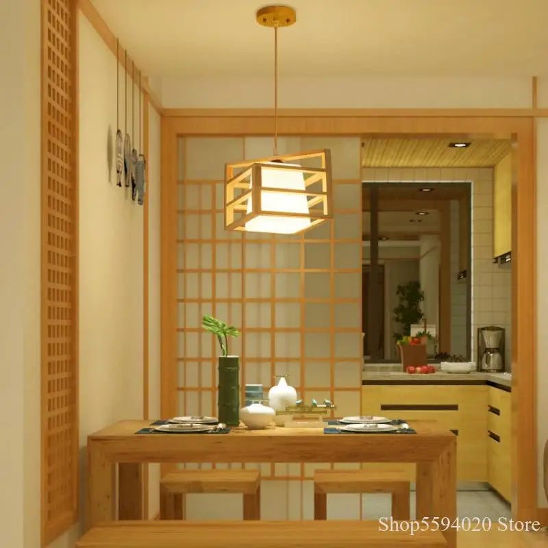 Afralia™ Japanese Wood Tea Room Pendant Light