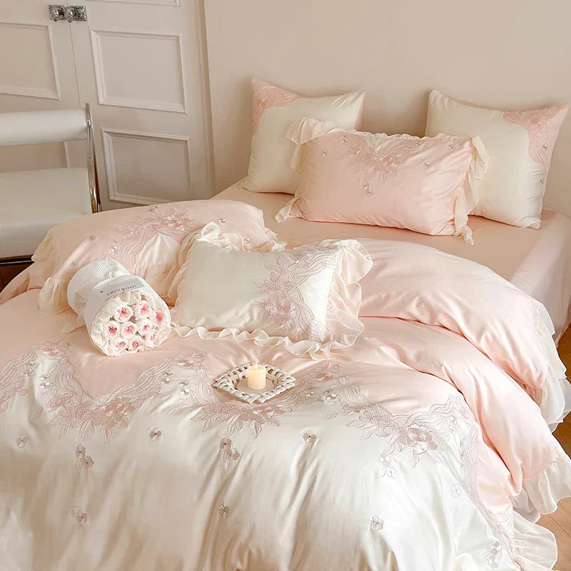 Afralia™ French Romantic Lace Ruffles Flowers Embroidery Bedding Set in Pink & Blue Cotton
