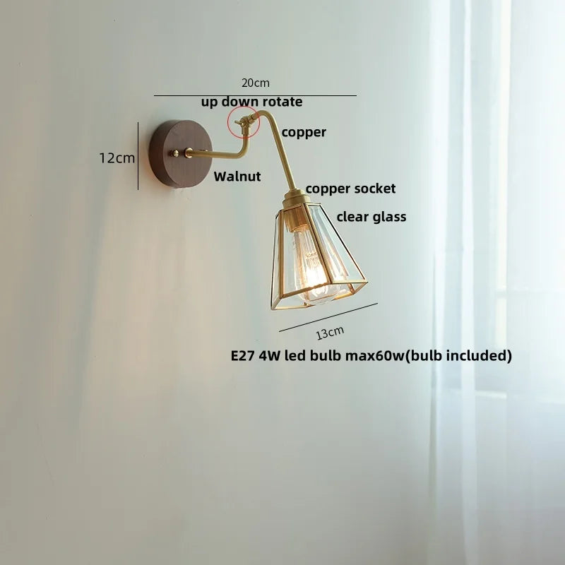 Afralia™ Copper Rotate Arm LED Wall Light: Clear Glass Walnut Bedside Lamp