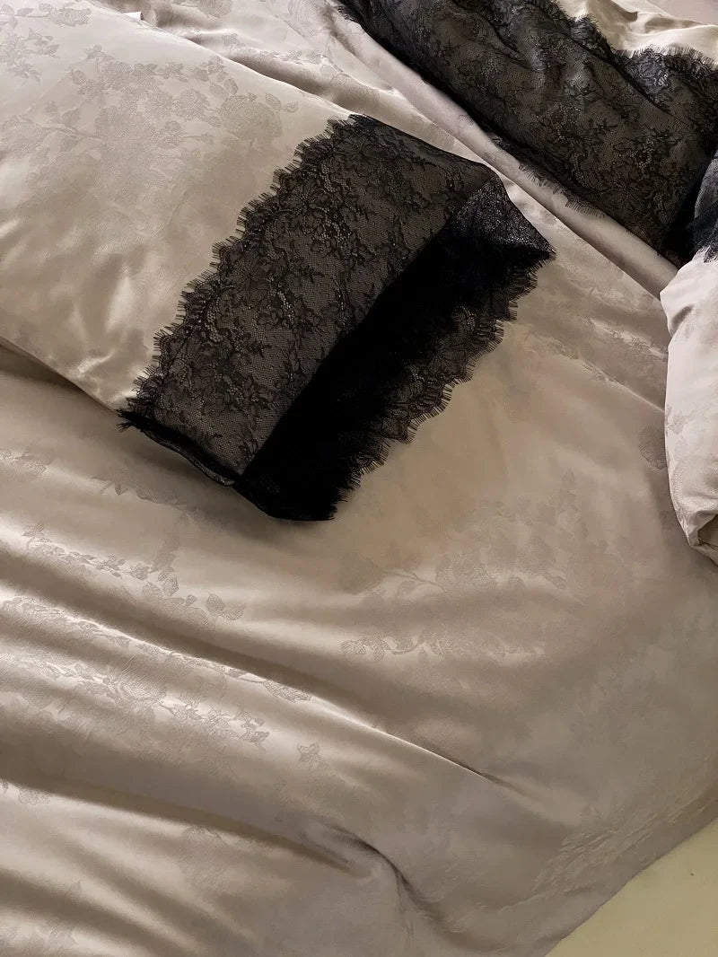 Afralia™ Silky Egyptian Cotton Lace Edge Bedding Set with Duvet Cover, Sheet & Pillowcases