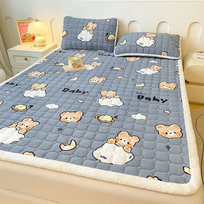 Afralia™ Milk Velvet Printed Mattress Topper: Thick Warm Cartoon Cushion for All Seasons